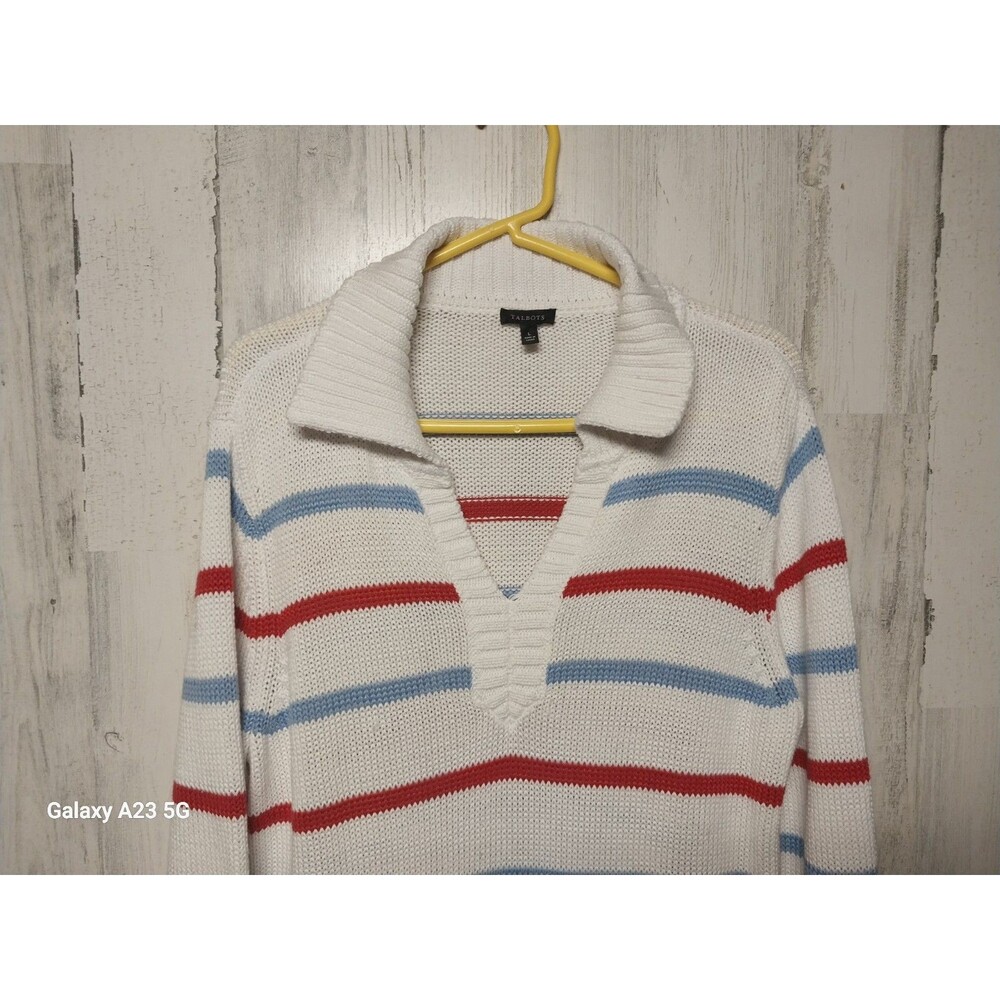 Talbots Womens White Blue Beach Striped Johnny Collar Knit Pullover Sweater L - Picture 4 of 8